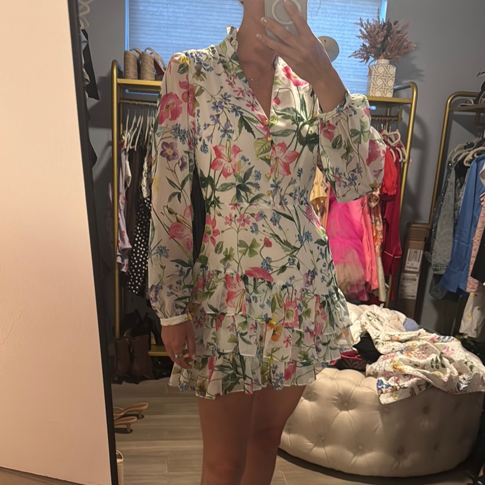 Lavender Brown Pink and Green Ruffled Sundress with Notched Collar
